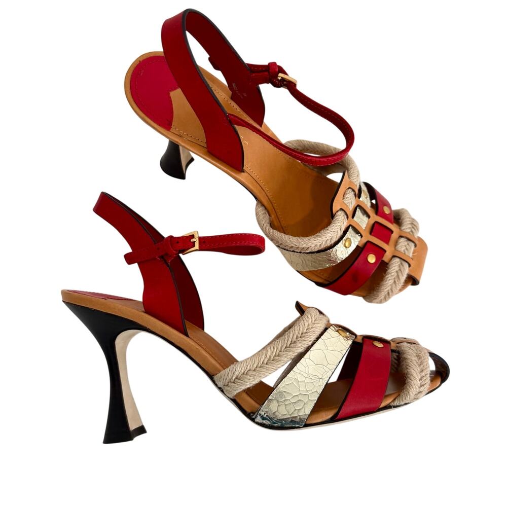 Tory Burch Fisherman Heel Sandals Braided Jute and Metallic Leather 10M Red/Tan